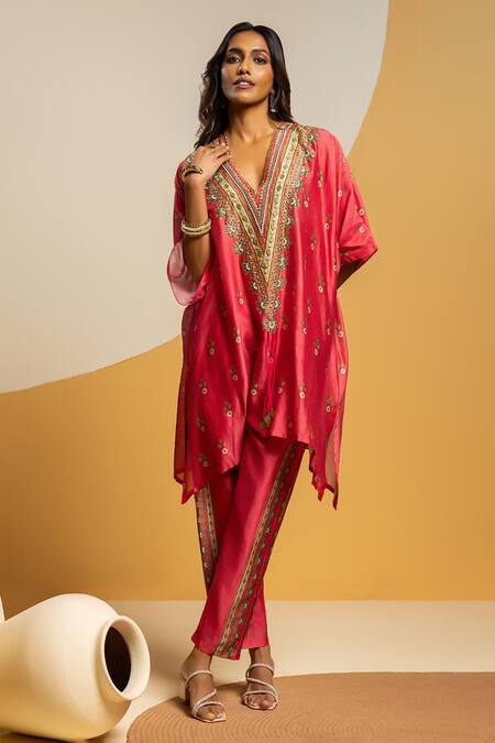 Buy_Soup By Sougat Paul_Pink Chanderi Zari, Sequins, Embroidery V-neck Taarani And Embellished Kurta Set _Online_at_Aza_Fashions