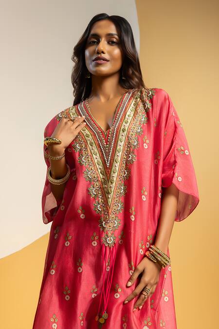 Shop_Soup By Sougat Paul_Pink Chanderi Zari, Sequins, Embroidery V-neck Taarani And Embellished Kurta Set _Online_at_Aza_Fashions