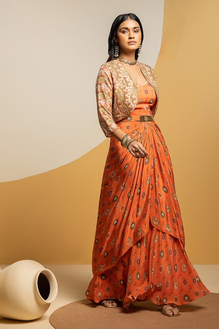 Soup By Sougat Paul_Orange Crepe, Silk Embroidery, Zari, Taarani Printed Drape Dress And Jacket _Online_at_Aza_Fashions