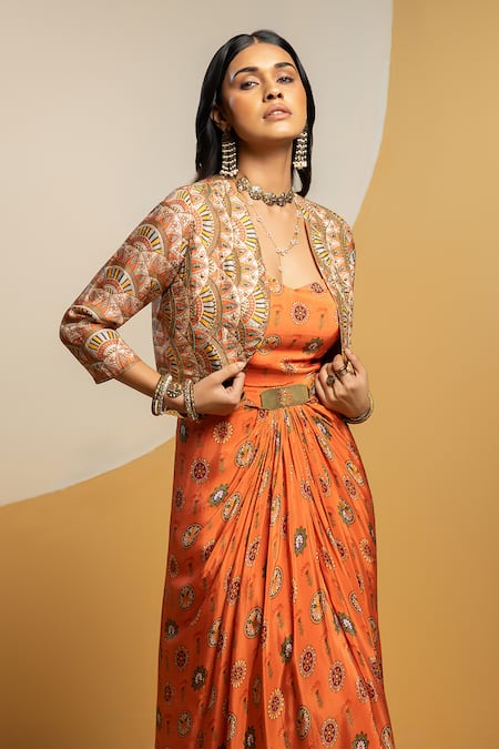 Buy_Soup By Sougat Paul_Orange Crepe, Silk Embroidery, Zari, Taarani Printed Drape Dress And Jacket _Online_at_Aza_Fashions