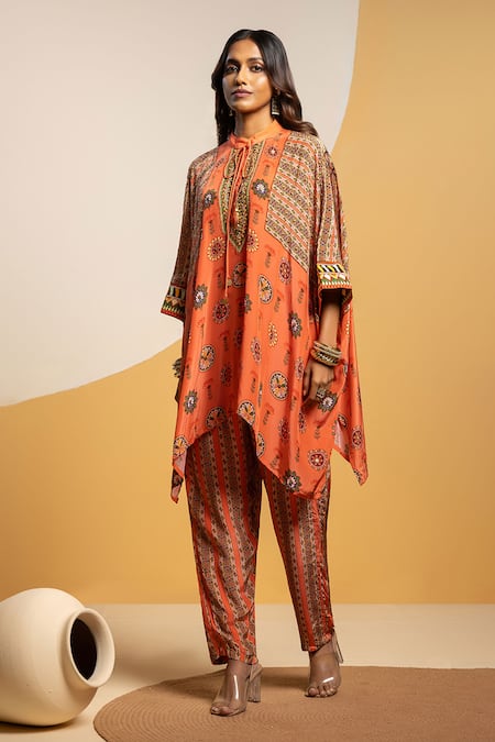 Soup By Sougat Paul_Orange Crepe Zari, Sequins Round Neck Printed Kaftan And Pant Set With Embroidery _Online_at_Aza_Fashions