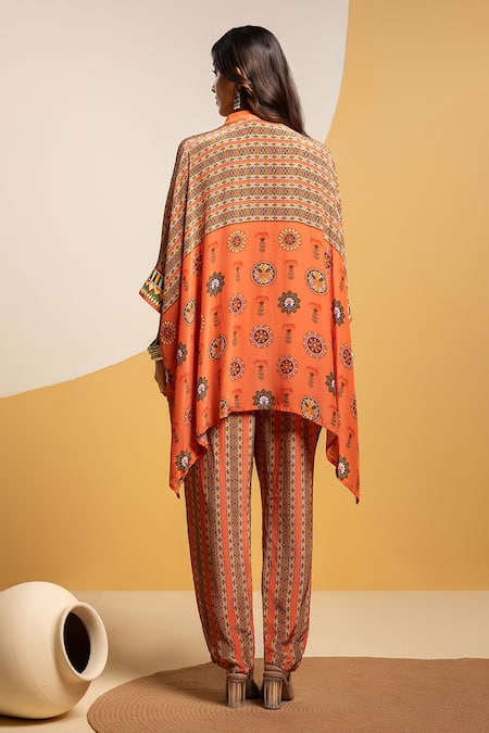 Shop_Soup By Sougat Paul_Orange Crepe Zari, Sequins Round Neck Printed Kaftan And Pant Set With Embroidery _at_Aza_Fashions