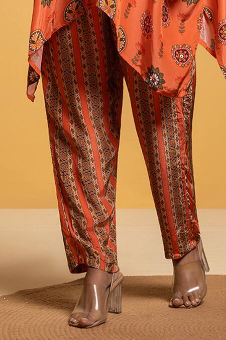 Buy_Soup By Sougat Paul_Orange Crepe Zari, Sequins Round Neck Printed Kaftan And Pant Set With Embroidery _Online_at_Aza_Fashions
