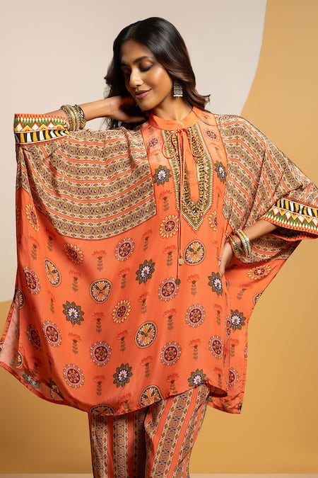 Shop_Soup By Sougat Paul_Orange Crepe Zari, Sequins Round Neck Printed Kaftan And Pant Set With Embroidery _Online_at_Aza_Fashions
