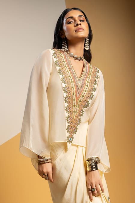 Buy_Soup By Sougat Paul_Off White Organza, Crepe Zari, Sequins, Taarani And Embellished Top & Skirt _Online_at_Aza_Fashions