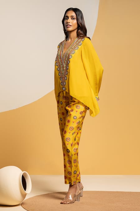 Soup By Sougat Paul_Yellow Organza, Chanderi Zari, Sequins, Embroidery Taarani And Top & Pant _Online_at_Aza_Fashions