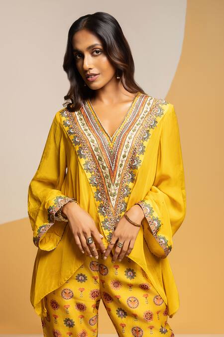 Buy_Soup By Sougat Paul_Yellow Organza, Chanderi Zari, Sequins, Embroidery Taarani And Top & Pant _Online_at_Aza_Fashions