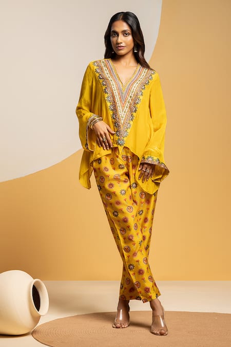 Soup By Sougat Paul Yellow Organza, Chanderi Zari, Sequins, Embroidery Taarani And Top & Pant 