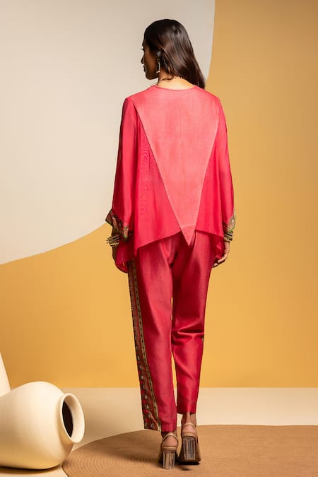 Shop_Soup By Sougat Paul_Pink Chanderi Zari, Sequins, Taarani Embellished Asymmetric Top And Pant Set _at_Aza_Fashions