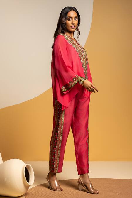 Soup By Sougat Paul_Pink Chanderi Zari, Sequins, Taarani Embellished Asymmetric Top And Pant Set _Online_at_Aza_Fashions