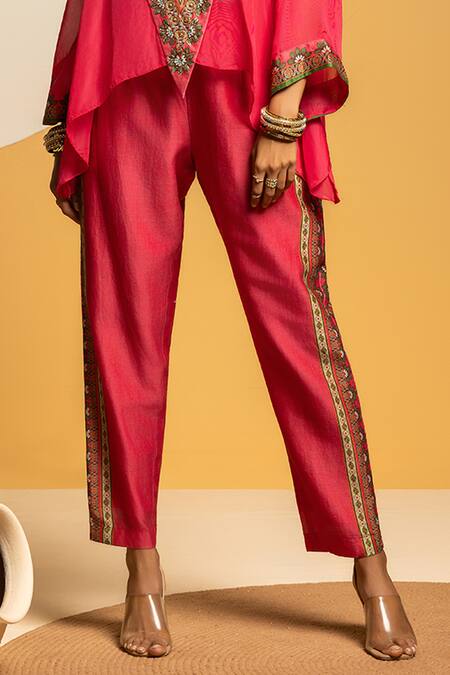 Buy_Soup By Sougat Paul_Pink Chanderi Zari, Sequins, Taarani Embellished Asymmetric Top And Pant Set _Online_at_Aza_Fashions