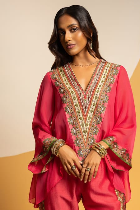 Shop_Soup By Sougat Paul_Pink Chanderi Zari, Sequins, Taarani Embellished Asymmetric Top And Pant Set _Online_at_Aza_Fashions