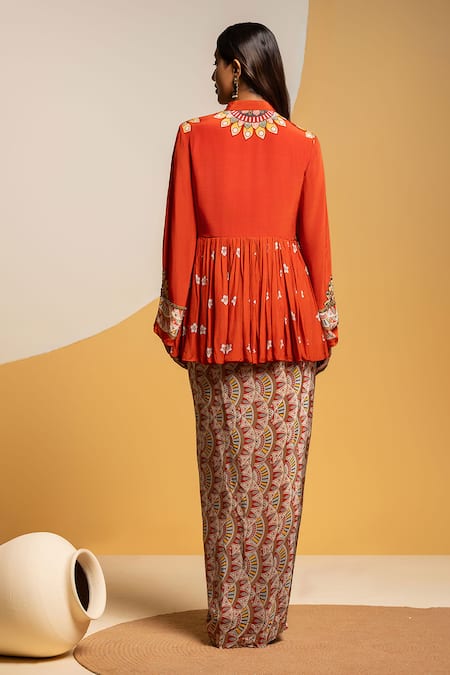 Soup By Sougat Paul Taarani Embellished Peplum Top & Draped Skirt Set 