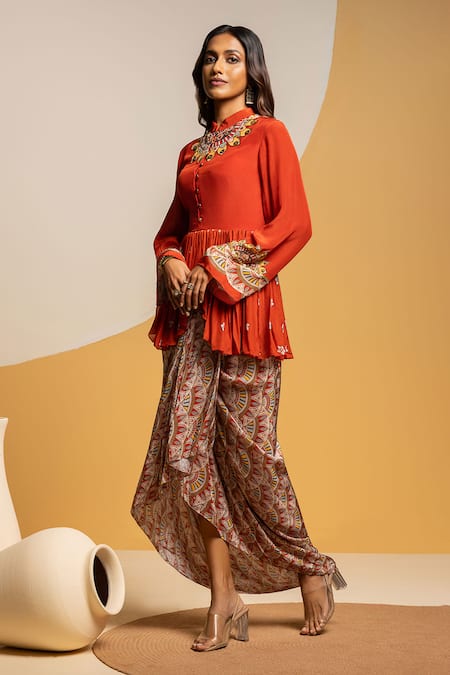 Soup By Sougat Paul_Red Crepe Zari, Sequins Taarani Embellished Peplum Top And Draped Skirt Set _Online_at_Aza_Fashions