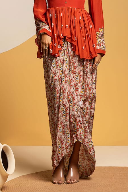 Buy_Soup By Sougat Paul_Red Crepe Zari, Sequins Taarani Embellished Peplum Top And Draped Skirt Set _Online_at_Aza_Fashions