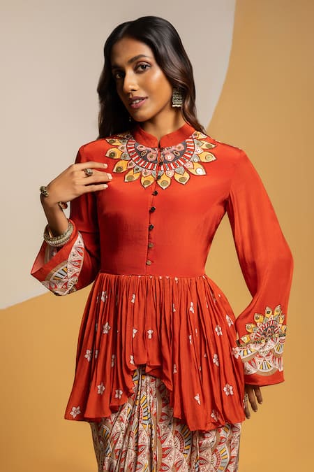 Shop_Soup By Sougat Paul_Red Crepe Zari, Sequins Taarani Embellished Peplum Top And Draped Skirt Set _Online_at_Aza_Fashions