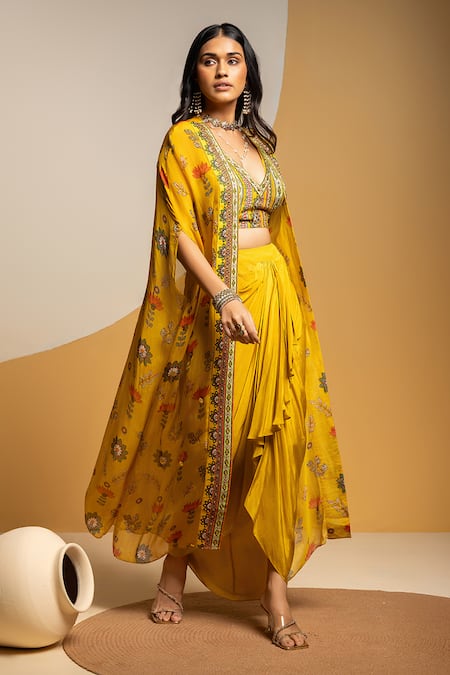 Soup By Sougat Paul_Yellow Crepe Zari, Sequins V-neck, Taarani Embellished Bustier And Drape Skirt Set _Online_at_Aza_Fashions