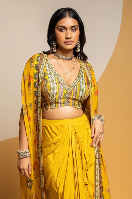 Buy_Soup By Sougat Paul_Yellow Crepe Zari, Sequins V-neck, Taarani Embellished Bustier And Drape Skirt Set _Online_at_Aza_Fashions