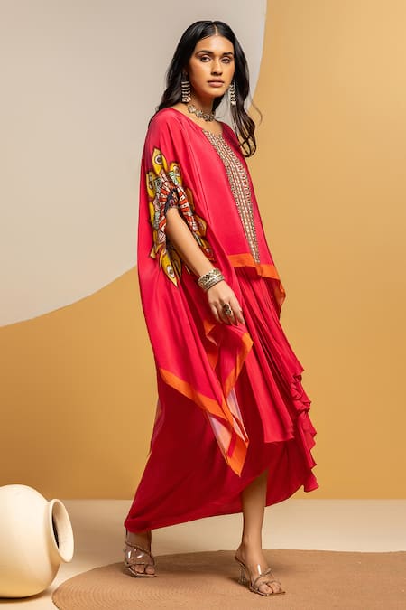 Soup By Sougat Paul_Pink Crepe Embroidery, Sequins, Taarani Embellished Kimono Top And Drape Skirt _Online_at_Aza_Fashions