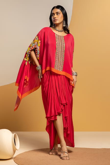 Soup By Sougat Paul Pink Crepe Embroidery, Sequins, Taarani Embellished Kimono Top And Drape Skirt 