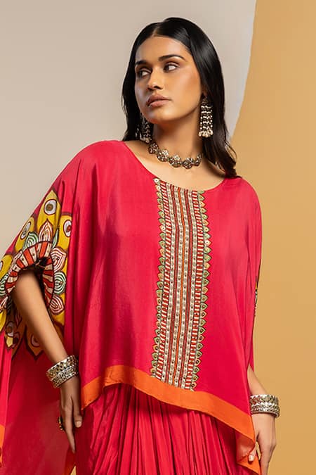 Shop_Soup By Sougat Paul_Pink Crepe Embroidery, Sequins, Taarani Embellished Kimono Top And Drape Skirt _Online_at_Aza_Fashions