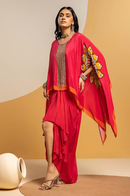 Soup By Sougat Paul_Pink Crepe Embroidery, Sequins, Taarani Embellished Kimono Top And Drape Skirt _at_Aza_Fashions