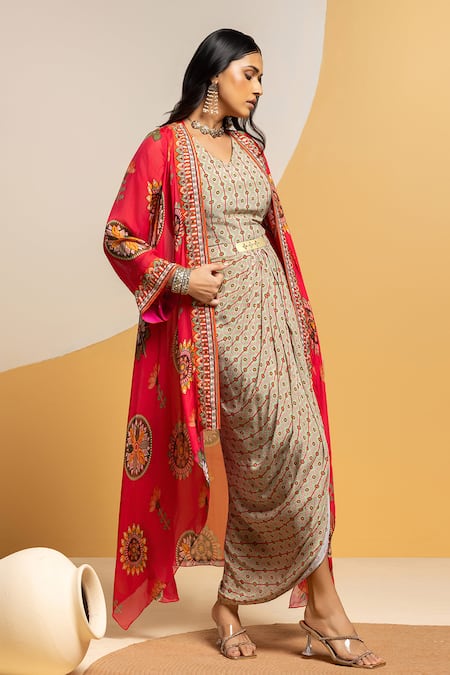 Soup By Sougat Paul_Beige Crepe, Organza Taarani Printed Drape Dress With Embellished Jacket _Online_at_Aza_Fashions