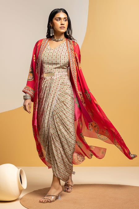 Buy_Soup By Sougat Paul_Beige Crepe, Organza Taarani Printed Drape Dress With Embellished Jacket _Online_at_Aza_Fashions