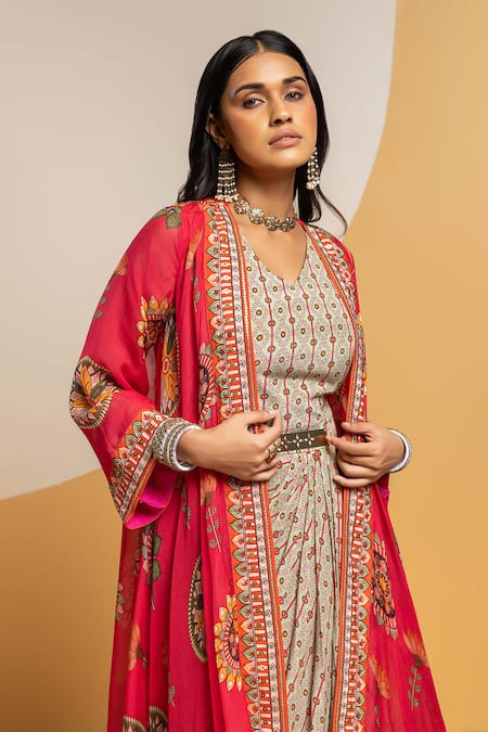 Shop_Soup By Sougat Paul_Beige Crepe, Organza Taarani Printed Drape Dress With Embellished Jacket _Online_at_Aza_Fashions