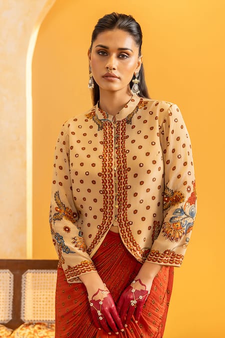 Soup By Sougat Paul_Beige Crepe Zari, Sequins, Embroidery Mandarin Rangtara And Jacket Skirt Set _Online_at_Aza_Fashions