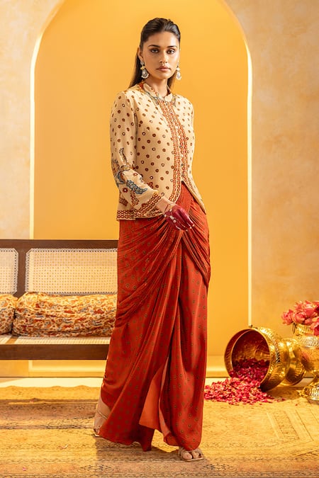 Buy_Soup By Sougat Paul_Beige Crepe Zari, Sequins, Embroidery Mandarin Rangtara And Jacket Skirt Set _Online_at_Aza_Fashions