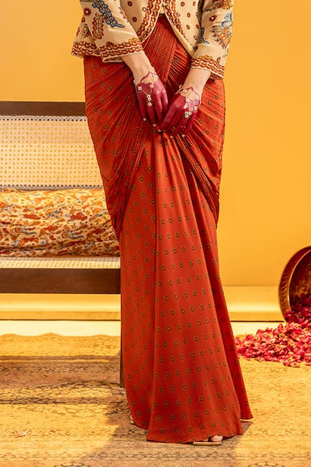 Shop_Soup By Sougat Paul_Beige Crepe Zari, Sequins, Embroidery Mandarin Rangtara And Jacket Skirt Set _Online_at_Aza_Fashions