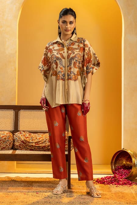 Soup By Sougat Paul Beige Chanderi Zari, Sequins, Rangtara Embellished Shirt And Printed Pant Set 