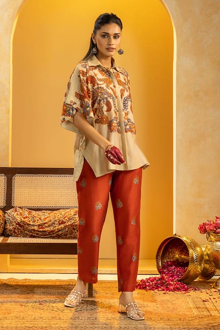 Soup By Sougat Paul_Beige Chanderi Zari, Sequins, Rangtara Embellished Shirt And Printed Pant Set _Online_at_Aza_Fashions