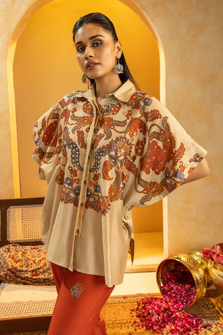 Buy_Soup By Sougat Paul_Beige Chanderi Zari, Sequins, Rangtara Embellished Shirt And Printed Pant Set _Online_at_Aza_Fashions