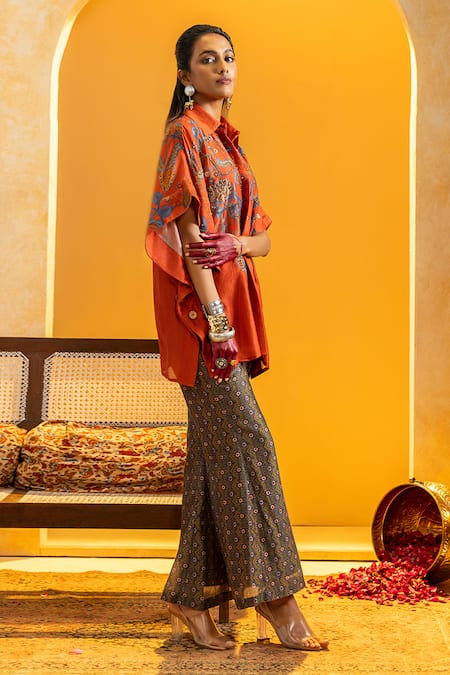 Buy_Soup By Sougat Paul_Orange Chanderi Zari, Sequins, Rangtara Embellished Shirt And Printed Pant Set _Online_at_Aza_Fashions