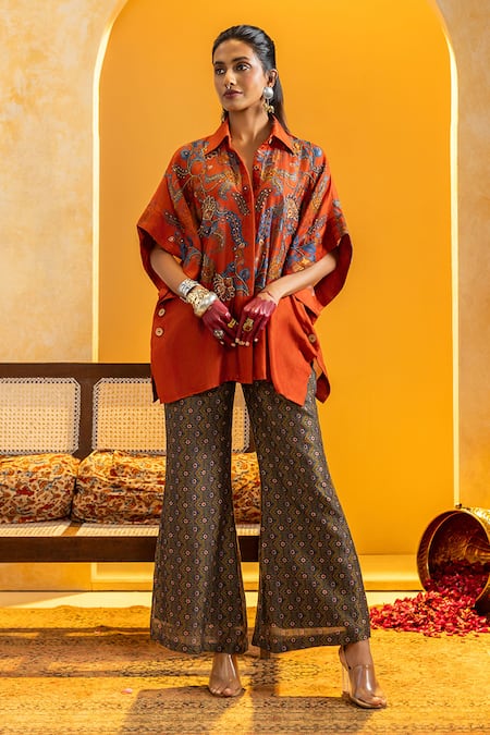 Soup By Sougat Paul Orange Chanderi Zari, Sequins, Rangtara Embellished Shirt And Printed Pant Set 