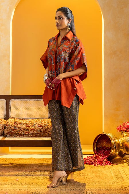 Shop_Soup By Sougat Paul_Orange Chanderi Zari, Sequins, Rangtara Embellished Shirt And Printed Pant Set _Online_at_Aza_Fashions