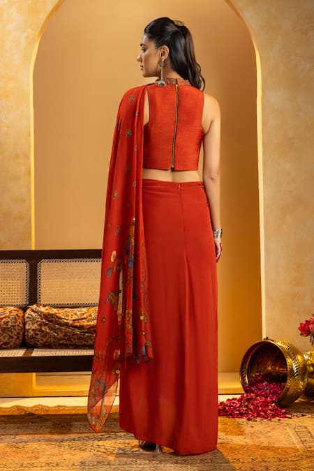 Soup By Sougat Paul Rangtara Rust Appliqued Pre-Draped Saree & Blouse Set 