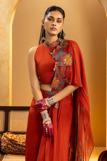 Soup By Sougat Paul_Maroon Silk, Crepe Zari, Sequins, Rangtara Rust Pre-draped Saree And Blouse Set _Online_at_Aza_Fashions