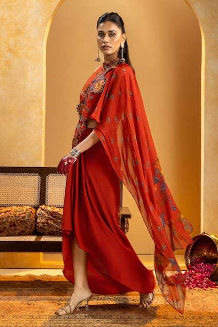 Buy_Soup By Sougat Paul_Maroon Silk, Crepe Zari, Sequins, Rangtara Rust Pre-draped Saree And Blouse Set _Online_at_Aza_Fashions