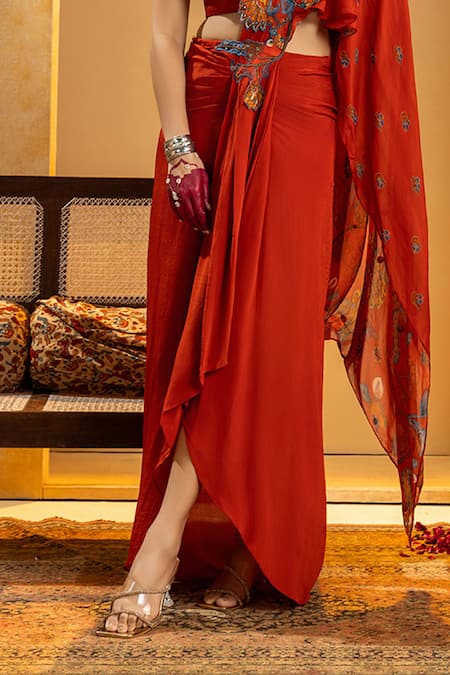 Shop_Soup By Sougat Paul_Maroon Silk, Crepe Zari, Sequins, Rangtara Rust Pre-draped Saree And Blouse Set _Online_at_Aza_Fashions