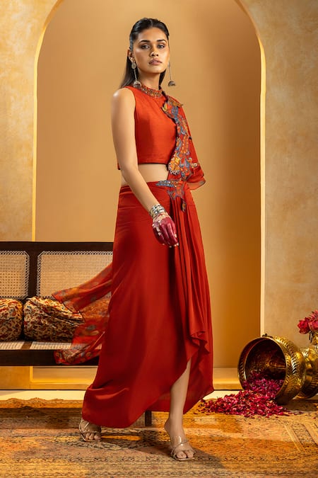 Soup By Sougat Paul_Maroon Silk, Crepe Zari, Sequins, Rangtara Rust Pre-draped Saree And Blouse Set _at_Aza_Fashions