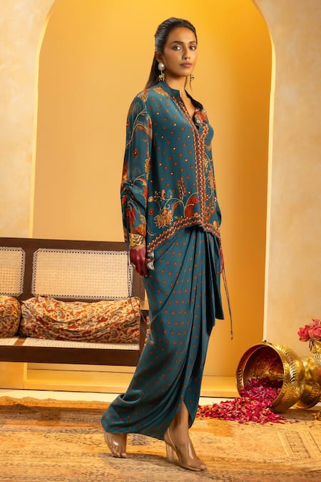 Soup By Sougat Paul_Blue Crepe Zari, Sequins Collared, Split Rangtara And Embellished Skirt Set _Online_at_Aza_Fashions