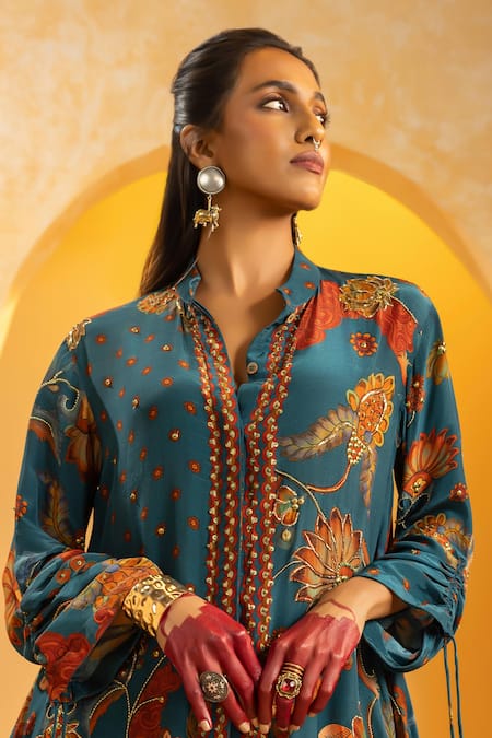 Buy_Soup By Sougat Paul_Blue Crepe Zari, Sequins Collared, Split Rangtara And Embellished Skirt Set _Online_at_Aza_Fashions