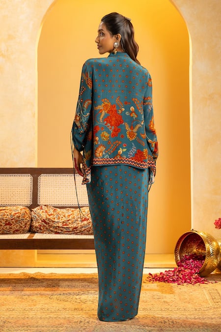 Shop_Soup By Sougat Paul_Blue Crepe Zari, Sequins Collared, Split Rangtara And Embellished Skirt Set _at_Aza_Fashions