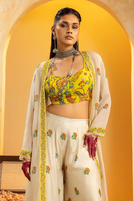Soup By Sougat Paul_Yellow Silk Zari, Sequins, Embroidery Rangtara Embellished Cape And Palazzo Set _Online_at_Aza_Fashions