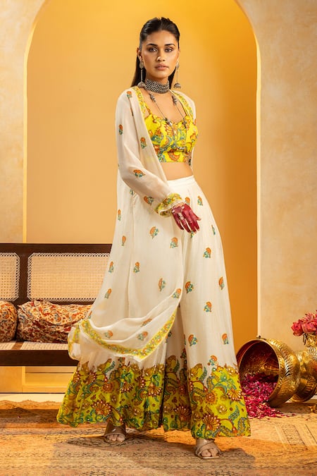 Buy_Soup By Sougat Paul_Yellow Silk Zari, Sequins, Embroidery Rangtara Embellished Cape And Palazzo Set _Online_at_Aza_Fashions