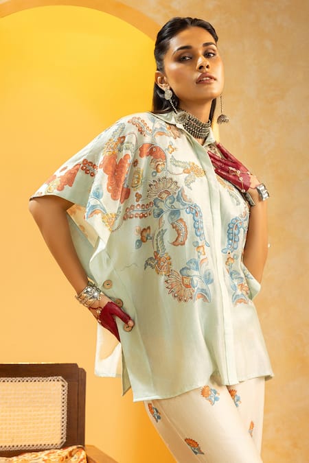 Buy_Soup By Sougat Paul_Aqua Chanderi Zari, Sequins Collared Rangtara Embellished Shirt With Pant _Online_at_Aza_Fashions