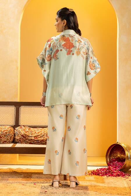 Shop_Soup By Sougat Paul_Aqua Chanderi Zari, Sequins Collared Rangtara Embellished Shirt With Pant _at_Aza_Fashions